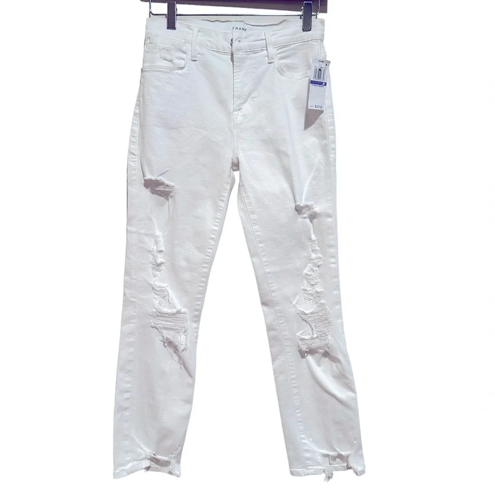 FRAME LE HIGH STRAIGHT HIGH RISE WHITE DISTRESSED DESTRUCTED STRETCHY JEANS 26